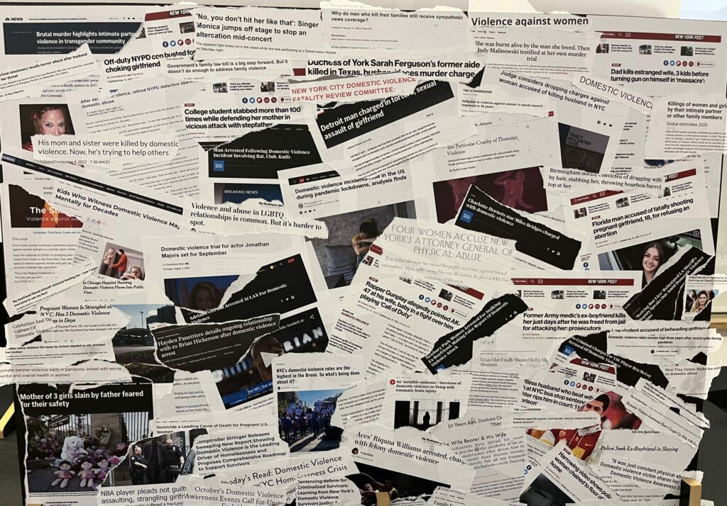 A poster filled with overlapping news headlines featuring domestic violence stories